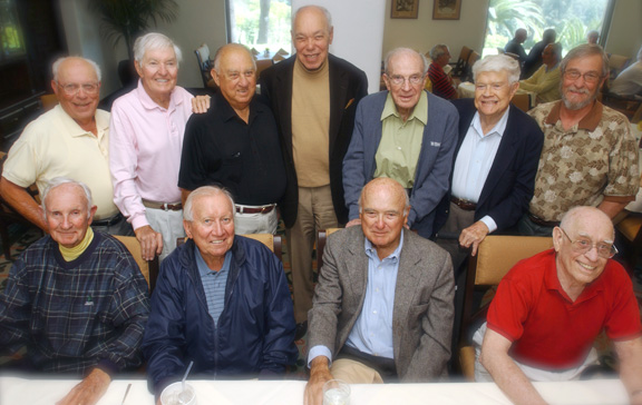 The men who've lunched together for 32 years include (clockwise starting at top left) Robert Goldsmith, Jack Narz, Ralph Nahigian, Lou Davis, Bill Kehl, Bill Barnes, Jeff Johnston, Walter Johnston, Dick Brewer, Robert L. Horton and Don Carlson. Jeff is the son of Walter and drives his father from a rest home in Northridge every Tuesday to join the group.